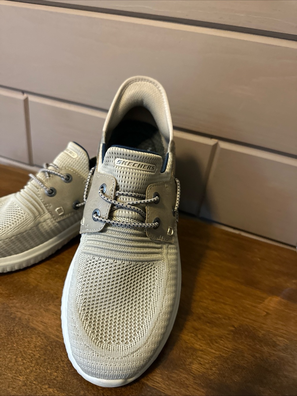 Skechers Men’s Knit Lace-Up Sneaker in Light Gray and White